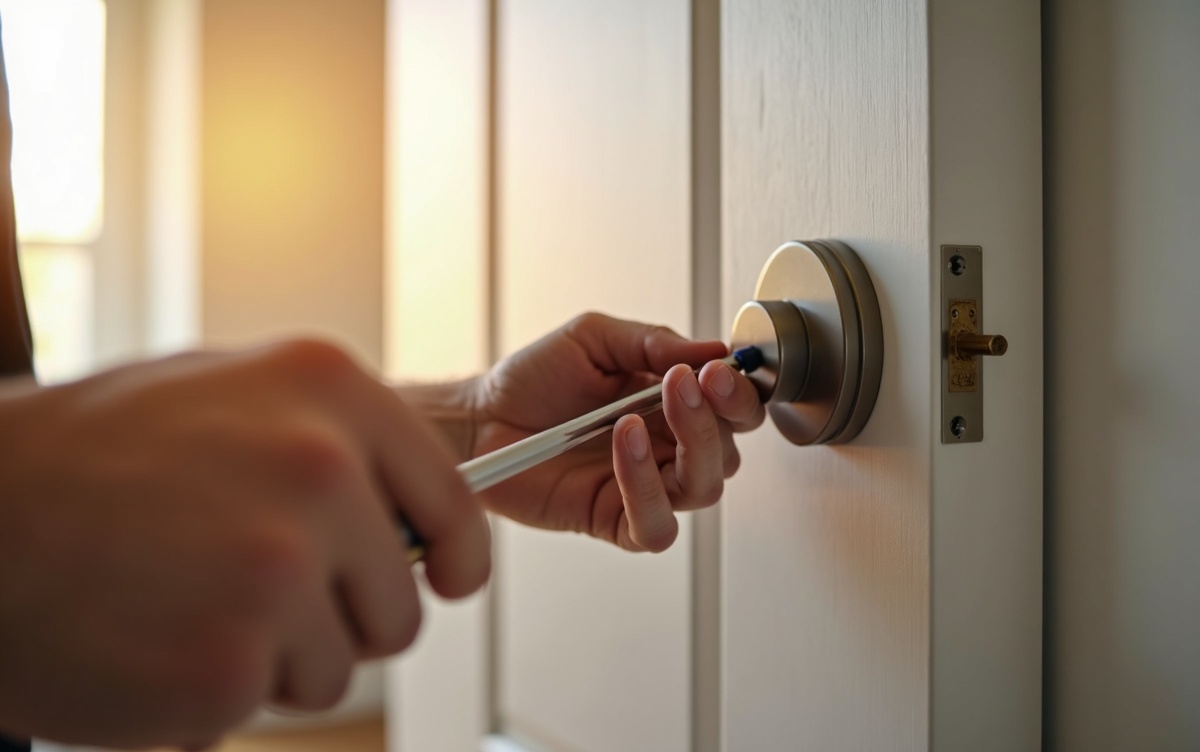 Person installing a retrofit smart lock on an apartment door