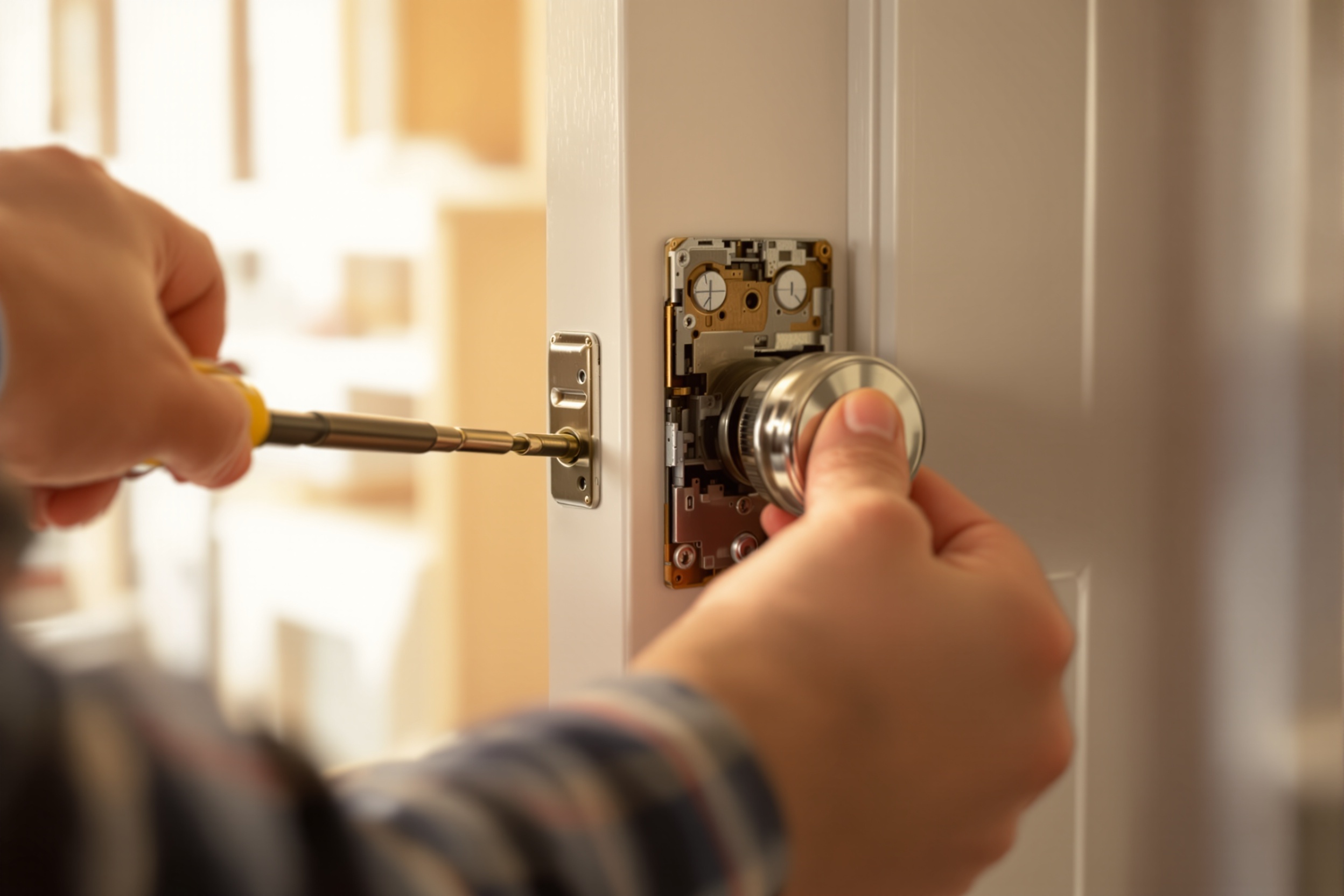 Step 2: Removing interior door thumbturn with screwdriver during retrofit smart lock installation