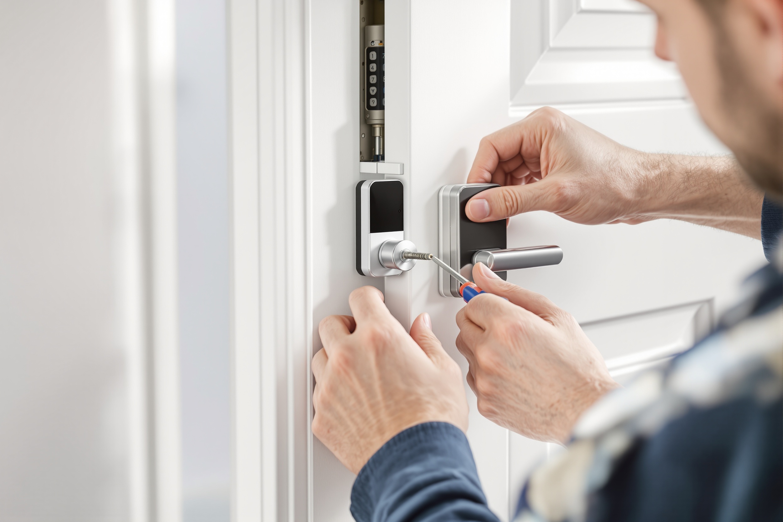 Step 4: Mounting smart lock motor plate on door interior screwdriver installation